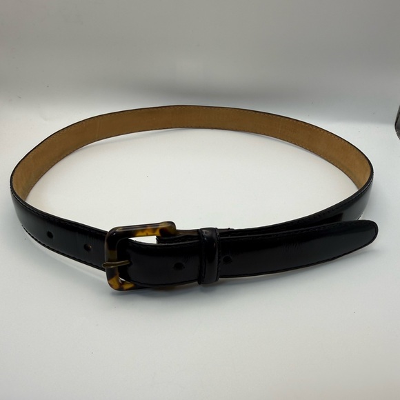 Vintage J.Crew Black Leather Belt Size 27 Made in USA Tortoise Buckle - Picture 1 of 10